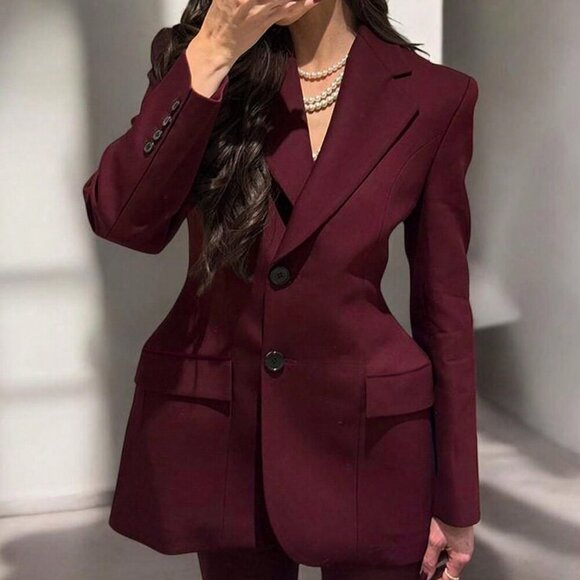 Burgundy Elegant Women's Blazer Jacket - Picture 3 of 8